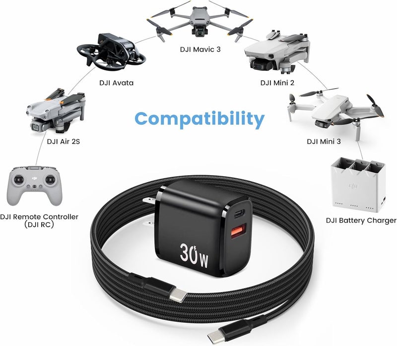 weishan شاحن سريع 30 واط PD USB C لطائرات DJI Neo و Mini 4K و 2 SE و 4 Pro و Air 2S و Avata 2، شاحن حائط مزدوج المنفذ USB + Type C مع كابل شحن بطول 6 أقدام من C إلى C لملحقات DJI FPV - Image 2